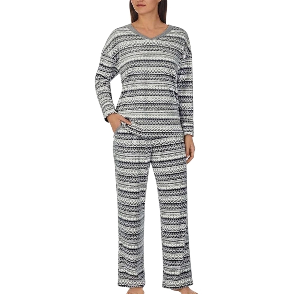 Nautica Silky Fleece Pajama Top Gray Fair Isle Long Sleeve V Neck 2XL - Picture 2 of 10